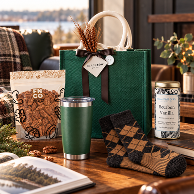 Cozy masculine gift set featuring a forest green gift bag with Black Bow Gift Co. ribbon, gourmet pecans, insulated tumbler, argyle socks, and Bourbon Vanilla coffee in a warm, relaxed home setting.