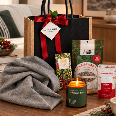 Black Bow Gift Co. holiday gift bag with red satin ribbon, grey scarf, artisan chocolate, Christmas tea, cardamom pear candle and winter apple hand sanitizer in a cozy festive setting.