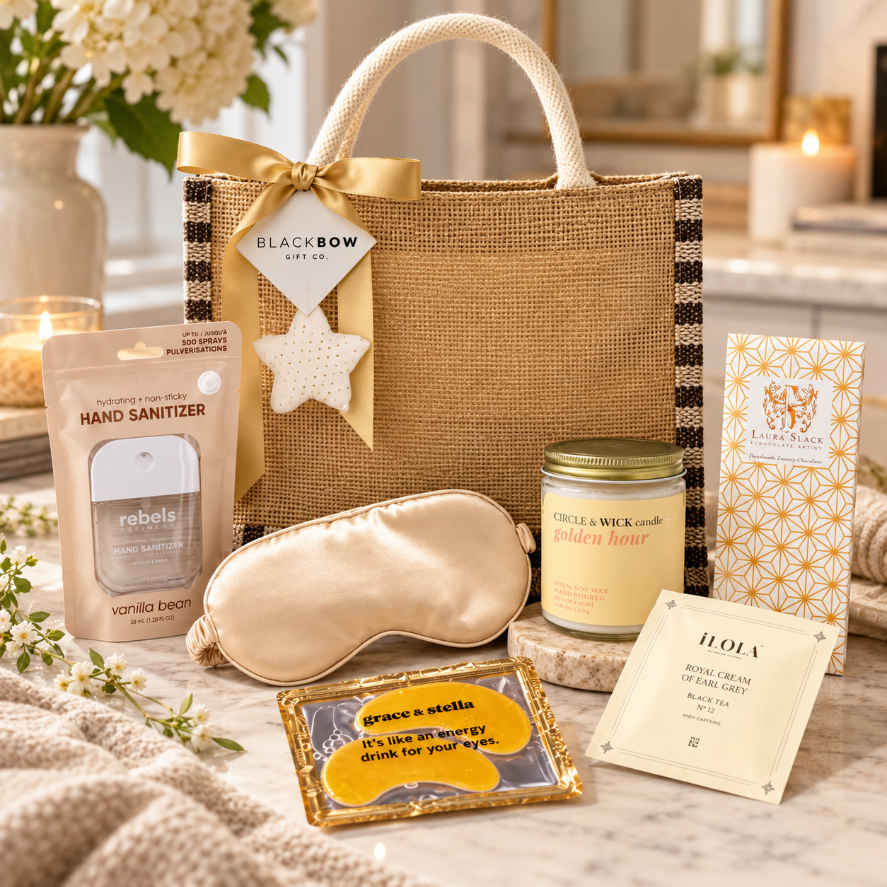 Cozy feminine gift bag by Black Bow Gift Co. with gold ribbon, satin sleep mask, luxury chocolates, Earl Grey tea, hand sanitizer, eye patches and golden hour candle.