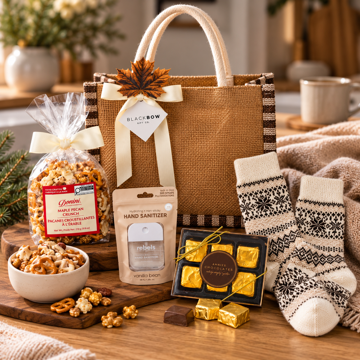 Cozy gift bag with Black Bow Gift Co. ribbon and maple leaf accent, featuring Nordic knit socks, maple pecan crunch, vanilla bean hand sanitizer, and artisan chocolates in a warm, inviting home setting.
