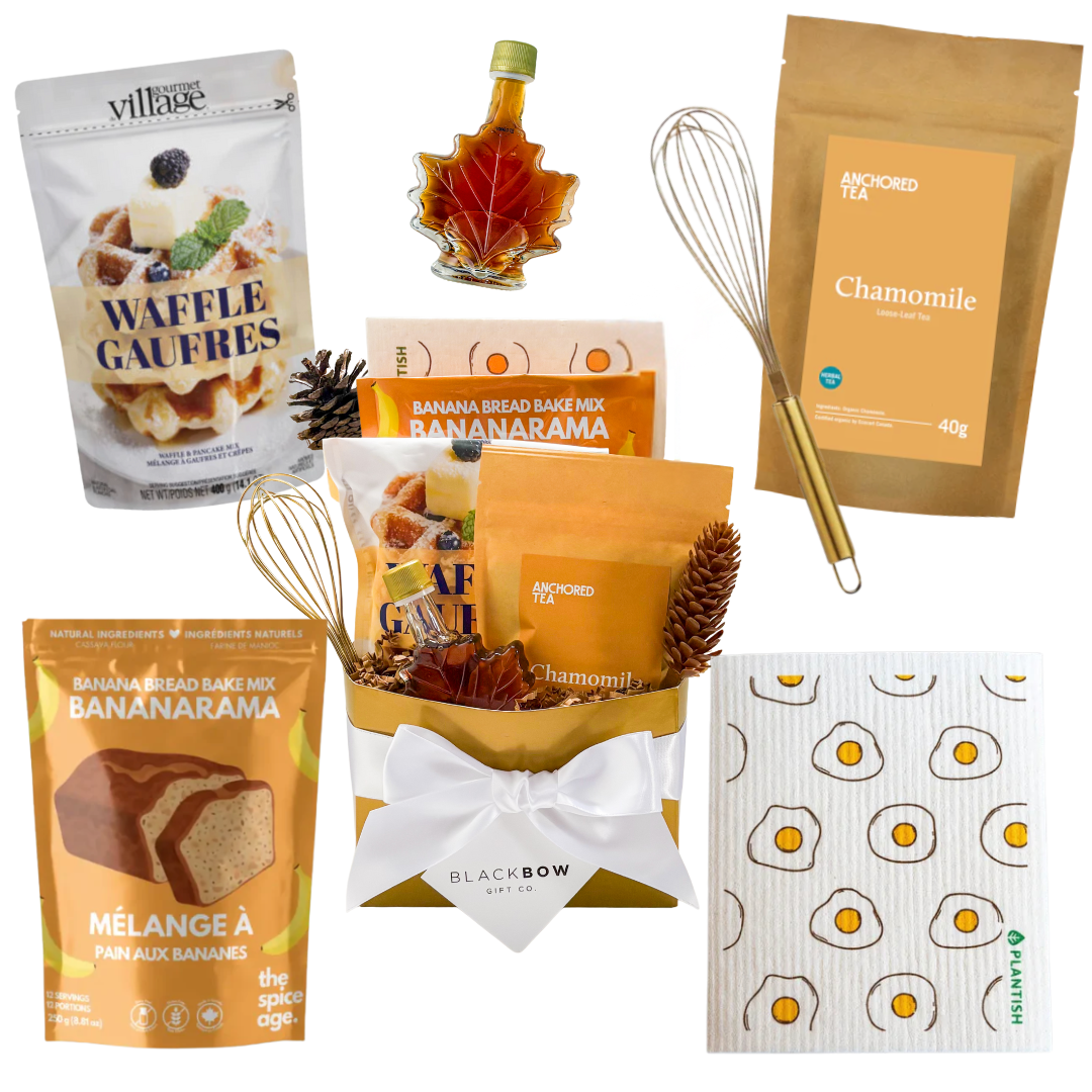 Basket-style breakfast gift with cozy morning accents and warm, homestyle touches.
