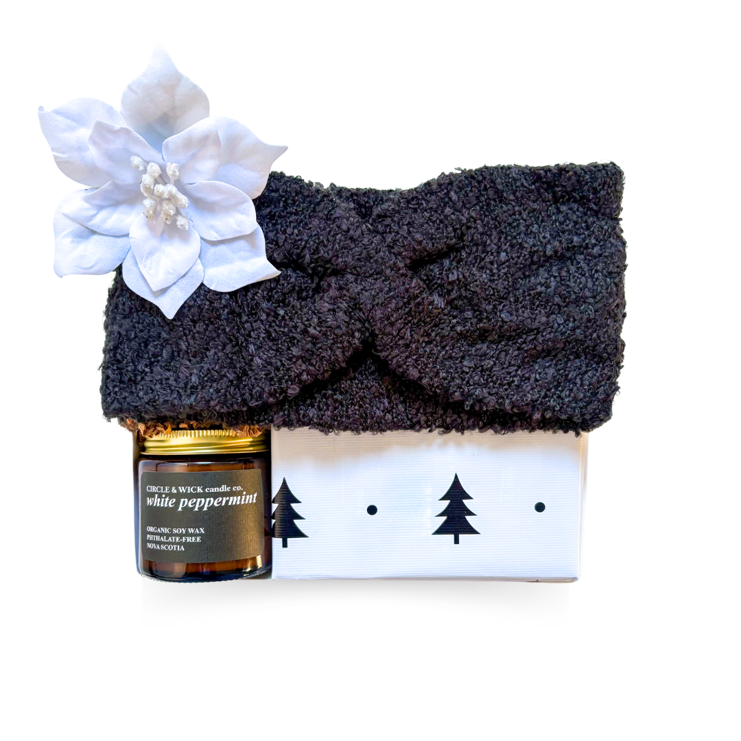 Cozy Gift Set with black or grey winter headband, peppermint candle, and black-and-white wrapped holiday shortbread
