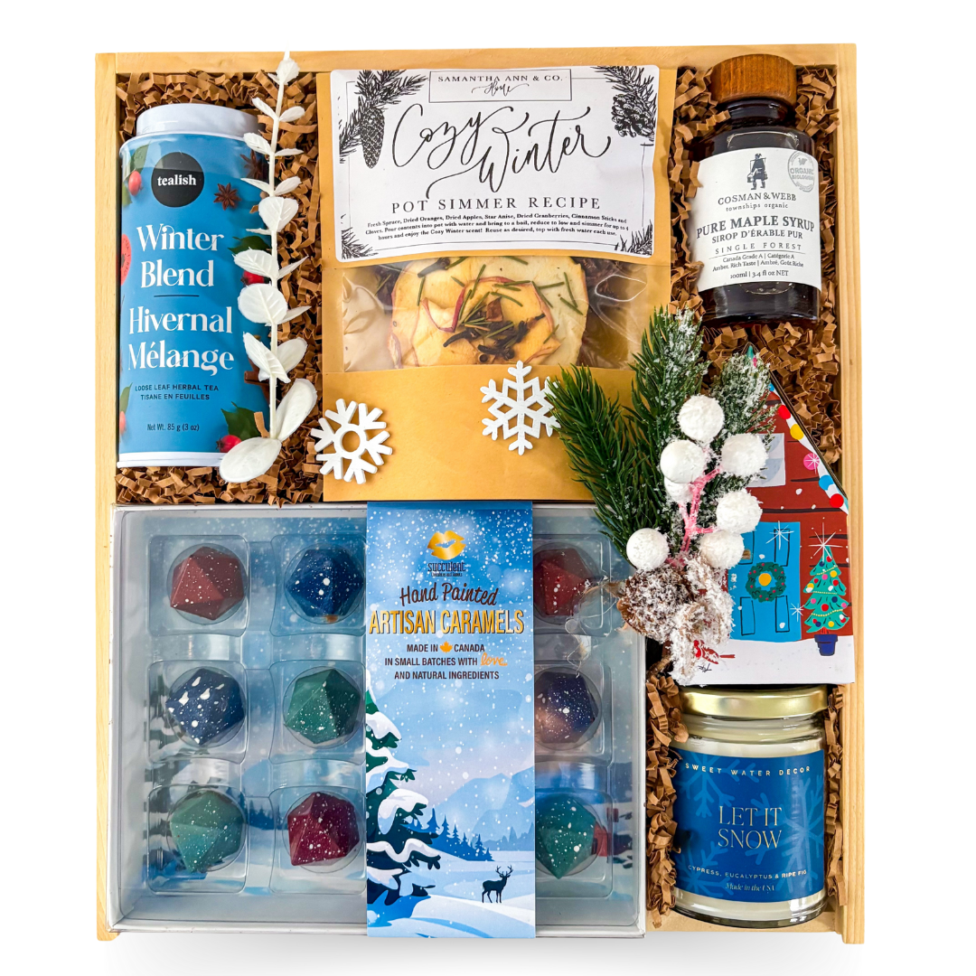Wood box winter gift featuring cozy seasonal accents and warm holiday touches.
