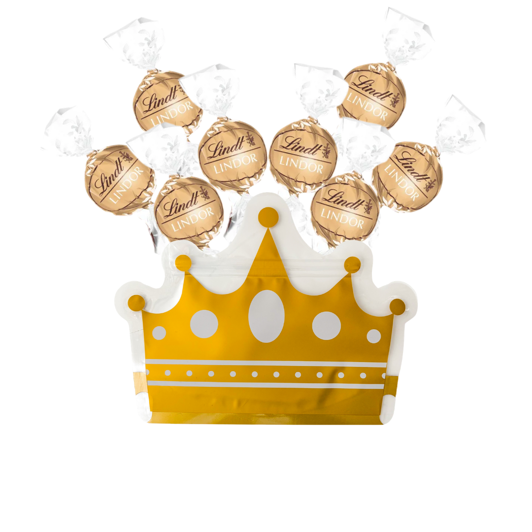 Crown-shaped chocolate box filled with gold Lindt Lindor chocolates.