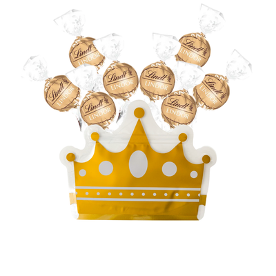Crown-shaped chocolate box filled with gold Lindt Lindor chocolates.