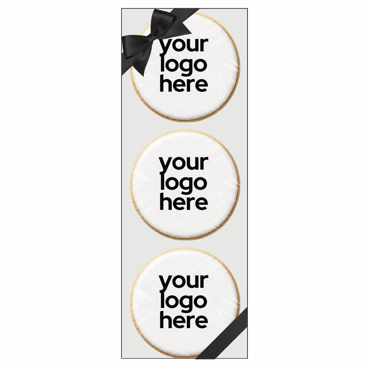 Custom-shaped shortbread cookie featuring your logo, packaged in a box with a full-colour printed backing and a choice of corner ribbon colour.