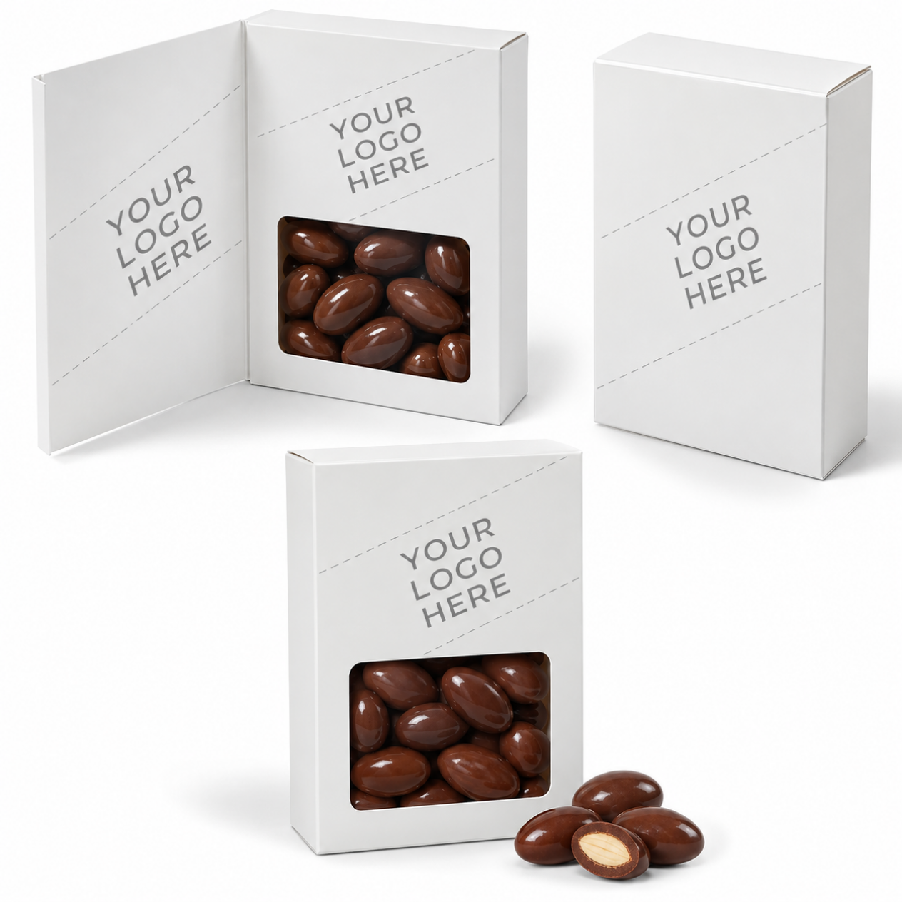 Custom treat box filled with chocolate-covered almonds, featuring a personalised all-over imprint of your choice.
