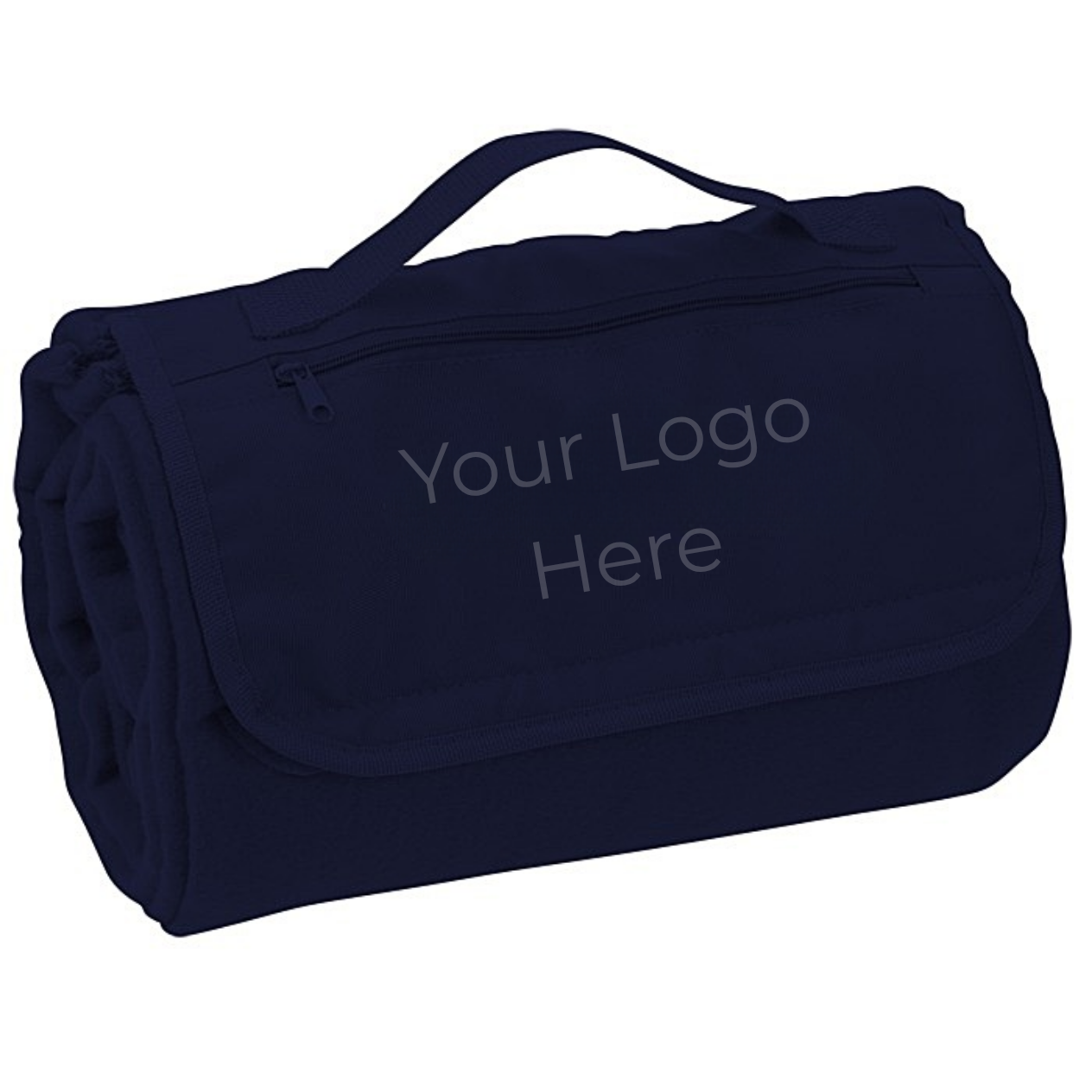 Foldable polyester fleece blanket with a 600D polyester flap, zippered pocket, hook-and-loop closure, and webbed carrying handle. Measures 134 x 121 cm when unfolded and 19 x 29 cm when folded.