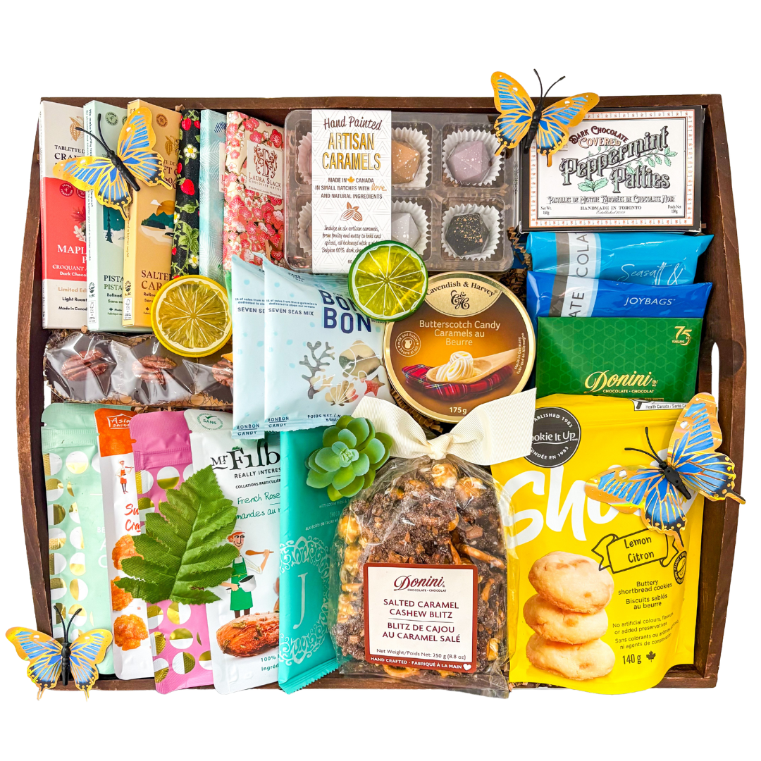 Deluxe Snack Tray with gourmet treats, chocolates and colourful snacks for sharing by Black Bow Gift Co.