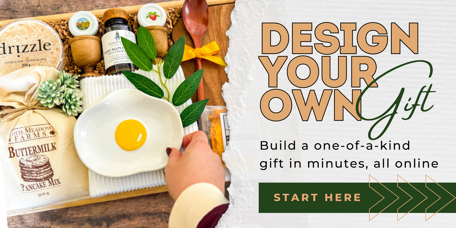 Design your own gift online in a few simply steps and create your own one of a kind gift. Shows breakfast gift displayed on a bed tray being made