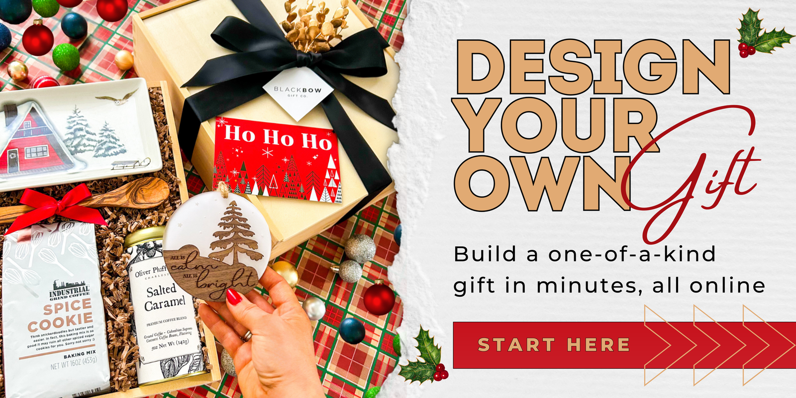 Holiday gift on a plaid background beside a wood box, with a person designing their own gift online.