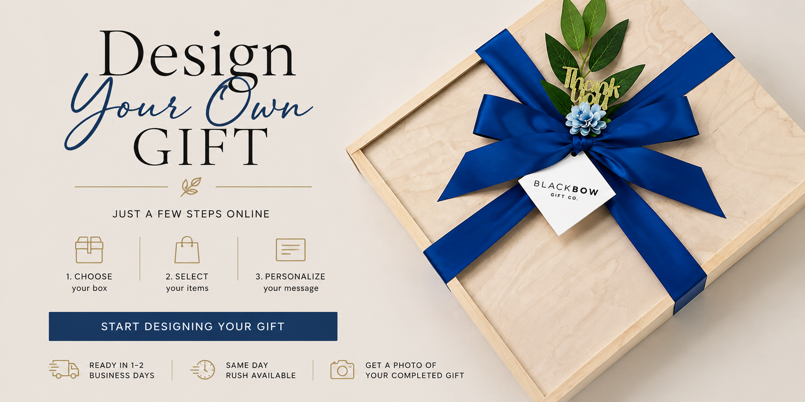 Wood Gift Box with Navy Satin Ribbon and Thank You Gift Accent. Design Your Own Gift Online in Just a Few Easy Steps. 