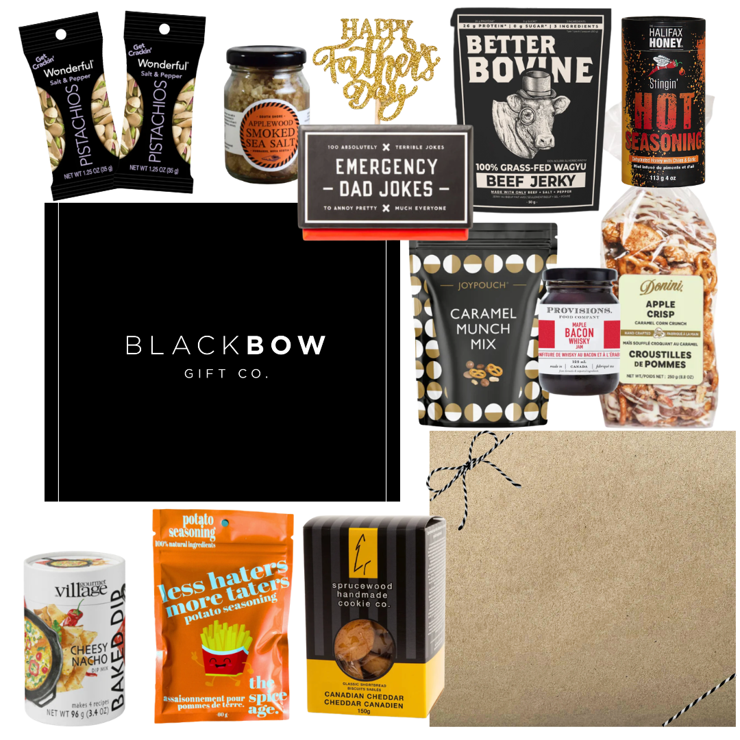 Dad’s Snack Stash Father’s Day gourmet gift box with jerky, pistachios, caramel snacks, smoky seasonings, cookies, dip mix, and dad-themed treats in a sleek black gift box.
