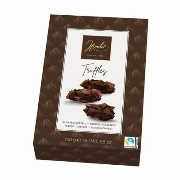Flake dark chocolate truffles made with premium Belgian chocolate, featuring a smooth, creamy filling, a dark chocolate coating, and delicate chocolate flakes.