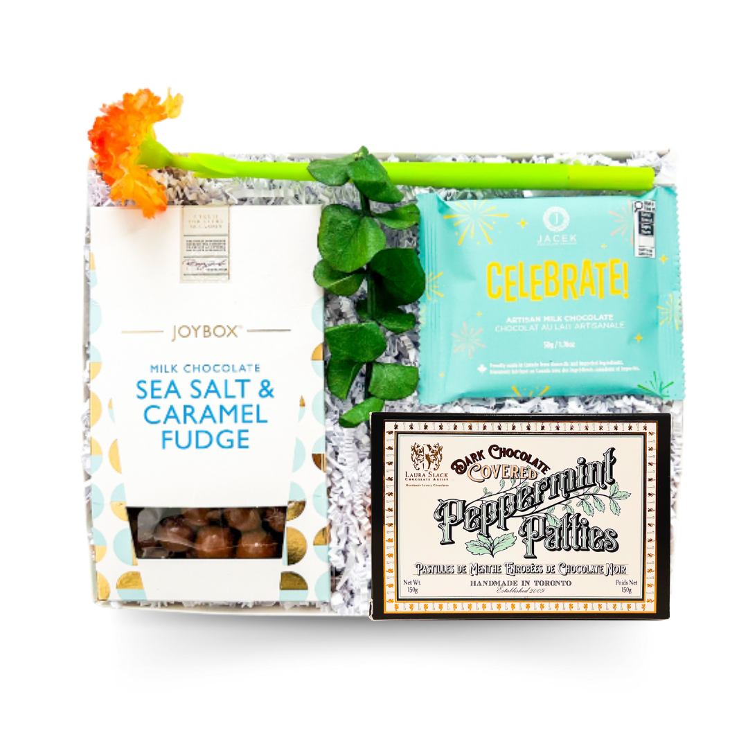 Celebration Gift Box, Decadent Chocolate Gift, Artisanal Chocolate Box, Hand Painted Truffle Gift, Gourmet Chocolate Set, Canadian Chocolate Gift, Halifax Gift Delivery, Dartmouth Gift Delivery, Bedford Gift Delivery, Thank You Chocolate Gift, Elegant Candy Box, Hostess Gift, Milk Chocolate Lover Gift, Luxury Sweet Treats, Celebration Gifts Canada, Sweets and Stationery Set, Gourmet Truffle Basket, Budget-Friendly Sea Salt Caramel Fudge Gift, Affordable Foodie Gift Set, Unique Thank You Gift, Handmade Choco