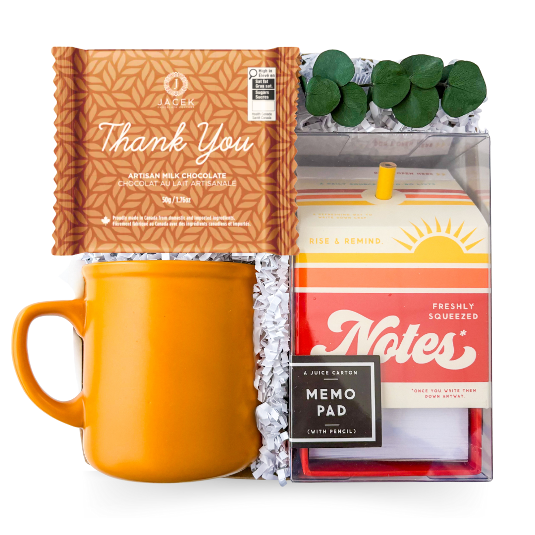 Desk Refresh luxury office gift box with mustard mug, modern notepad and premium chocolate by Black Bow Gift Co.
