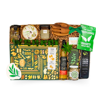 XL luxury gift box featuring gourmet olive oil, seasonings, olives, candle, puzzle, wooden salad servers, and entertaining essentials by Black Bow Gift Co.