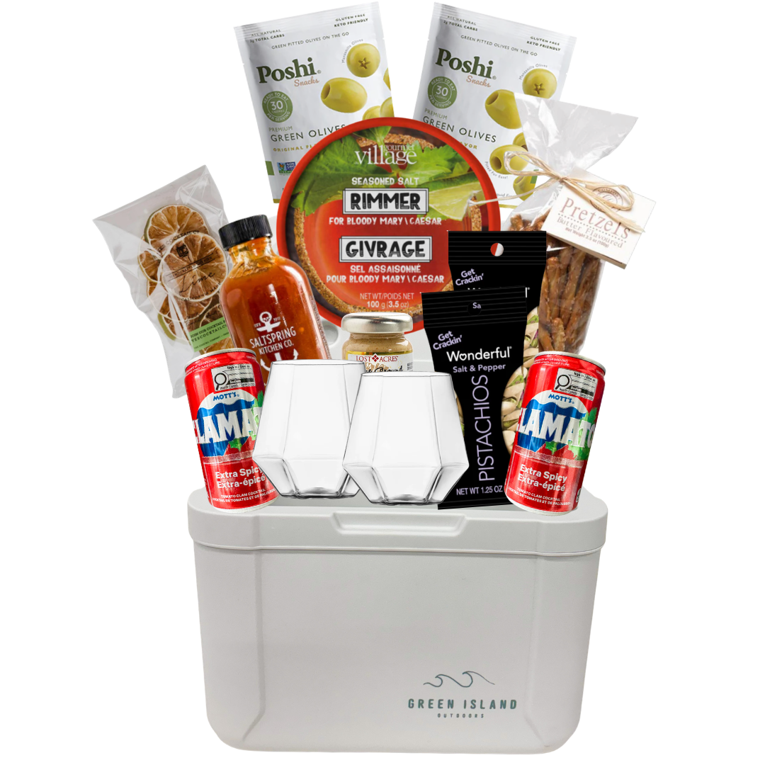 Reusable summer cooler gift featuring Caesar cocktail essentials, gourmet snacks, entertaining touches, and stylish presentation designed for cottage weekends, dock days, patio gatherings, and relaxing summer celebrations with friends and family.