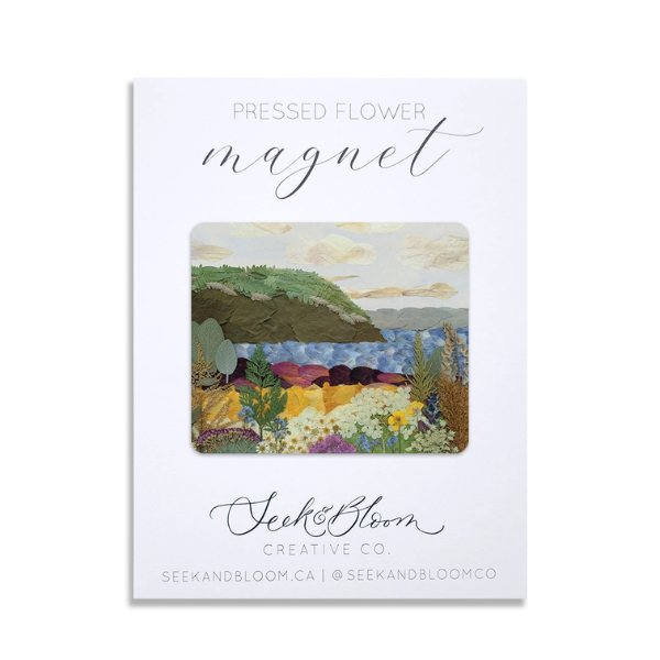 East Coast Coastline pressed flower art magnet featuring a Nova Scotia-inspired floral design by a local Annapolis Valley artist.