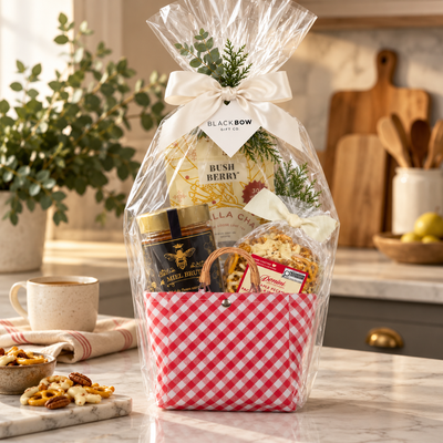 Red and white gingham gift basket filled with gourmet tea, honey and maple pecan treats, wrapped in clear cellophane with an ivory bow and Black Bow Gift Co. tag, styled in a warm, elegant kitchen.