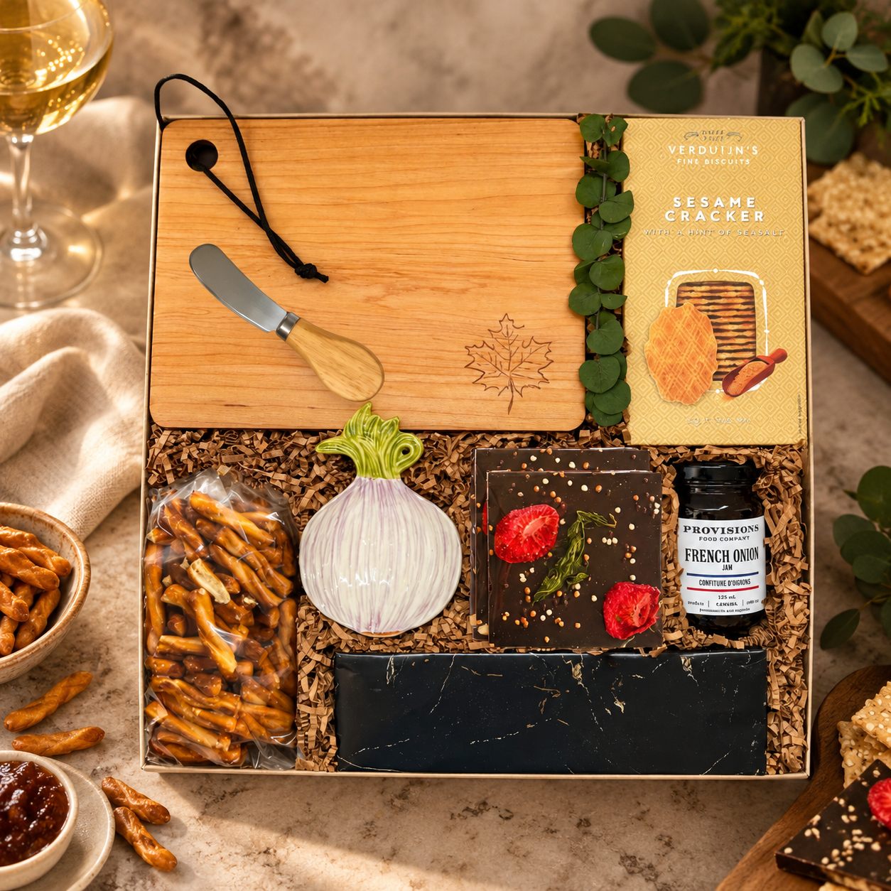 Luxury gourmet gift box featuring a wooden serving board, cheese knife, artisan crackers, pretzels, chocolate bark, French onion jam and ceramic garlic dish, styled on warm stone with elegant entertaining accents.