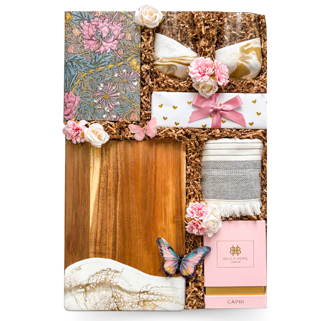 Elegant Indulgence Mother’s Day luxury gift box with elegant home accents and gourmet treats by Black Bow Gift Co.
