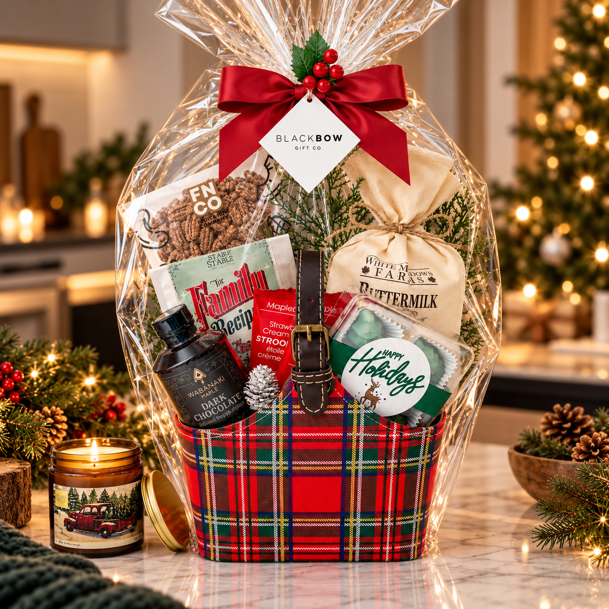 A Merry Morning Christmas breakfast gift in a red tartan leatherette keepsake basket with pancake mix, maple treats, hot chocolate, chocolates and optional candle.