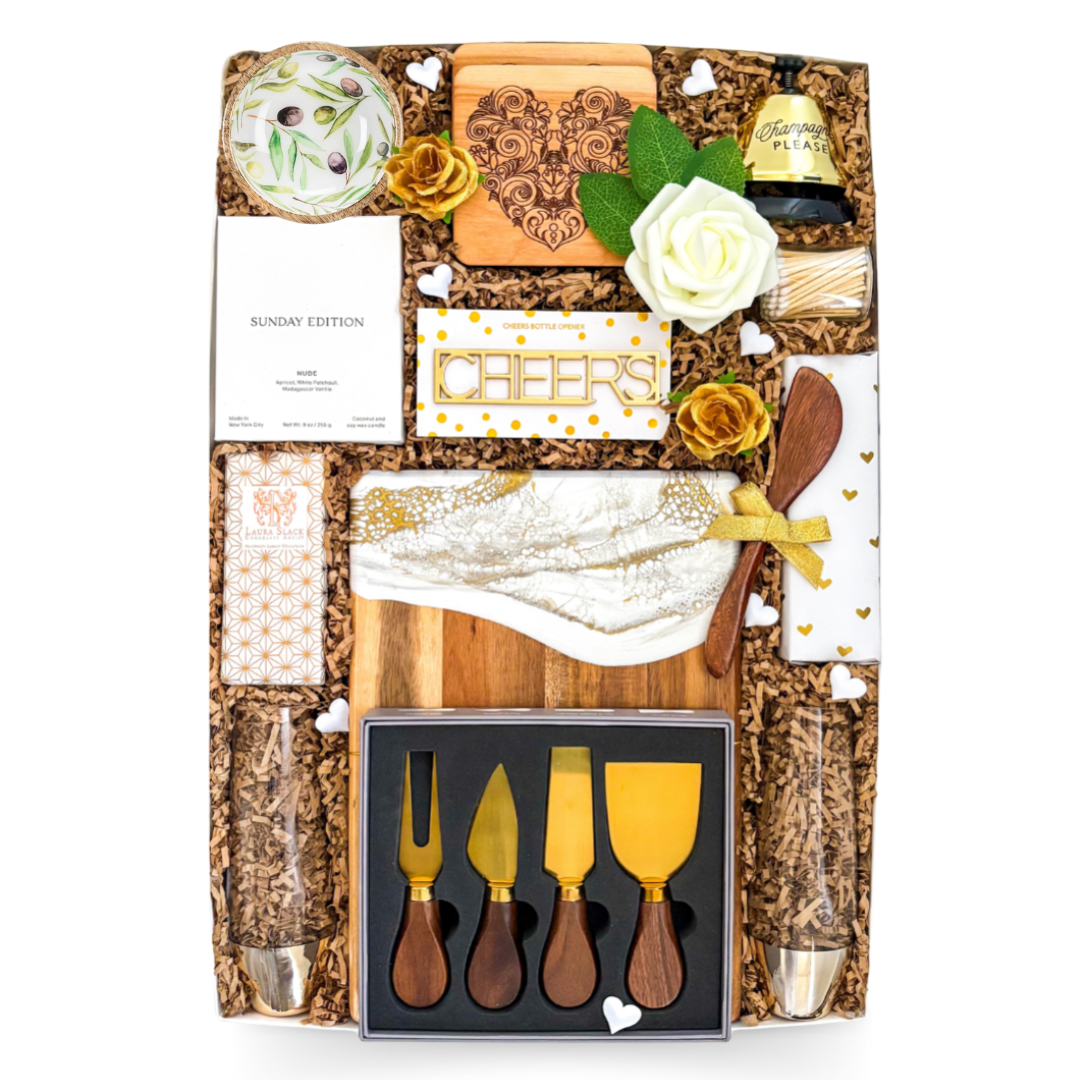 Luxury entertaining gift box featuring gourmet treats, serving accessories, candle, charcuterie essentials, stemless glasses, and elegant presentation by Black Bow Gift Co.
