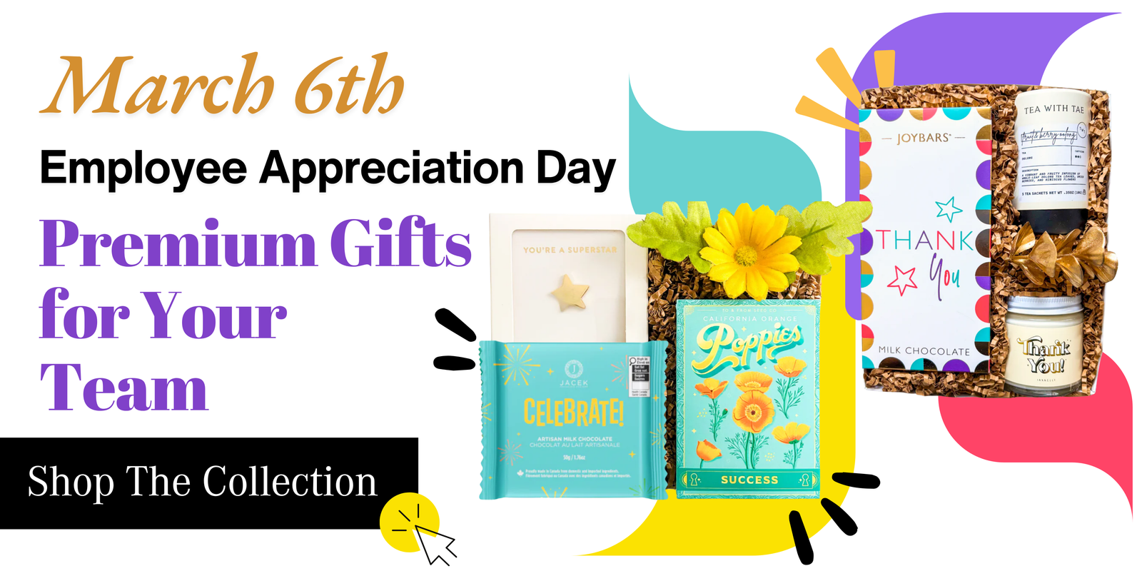 Shop employee appreciation gifts and corporate thank you gifts banner featuring curated gift boxes for teams with chocolate, tea, and premium treats.