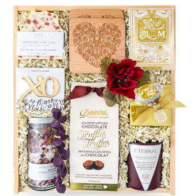 Everlasting Love romantic gift box with truffles, candle and keepsake items by Black Bow Gift Co.