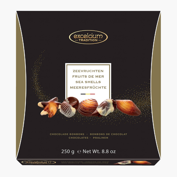 Excelcium Tradition Sea Shell Chocolates in a 250 g gift box, featuring assorted shell-shaped chocolate bonbons.