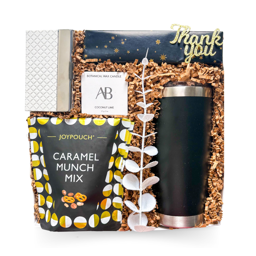 Professional executive gift box with card holder, customizable travel tumbler, gourmet chocolate, snack mix, and candle designed for corporate appreciation gifting