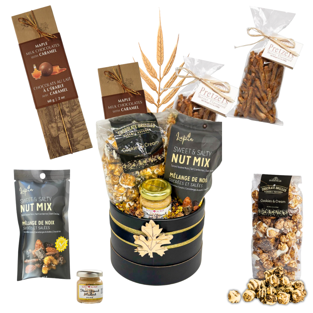 Luxury black and gold snack gift box with gourmet popcorn, nuts, and chocolates by Black Bow Gift Co.