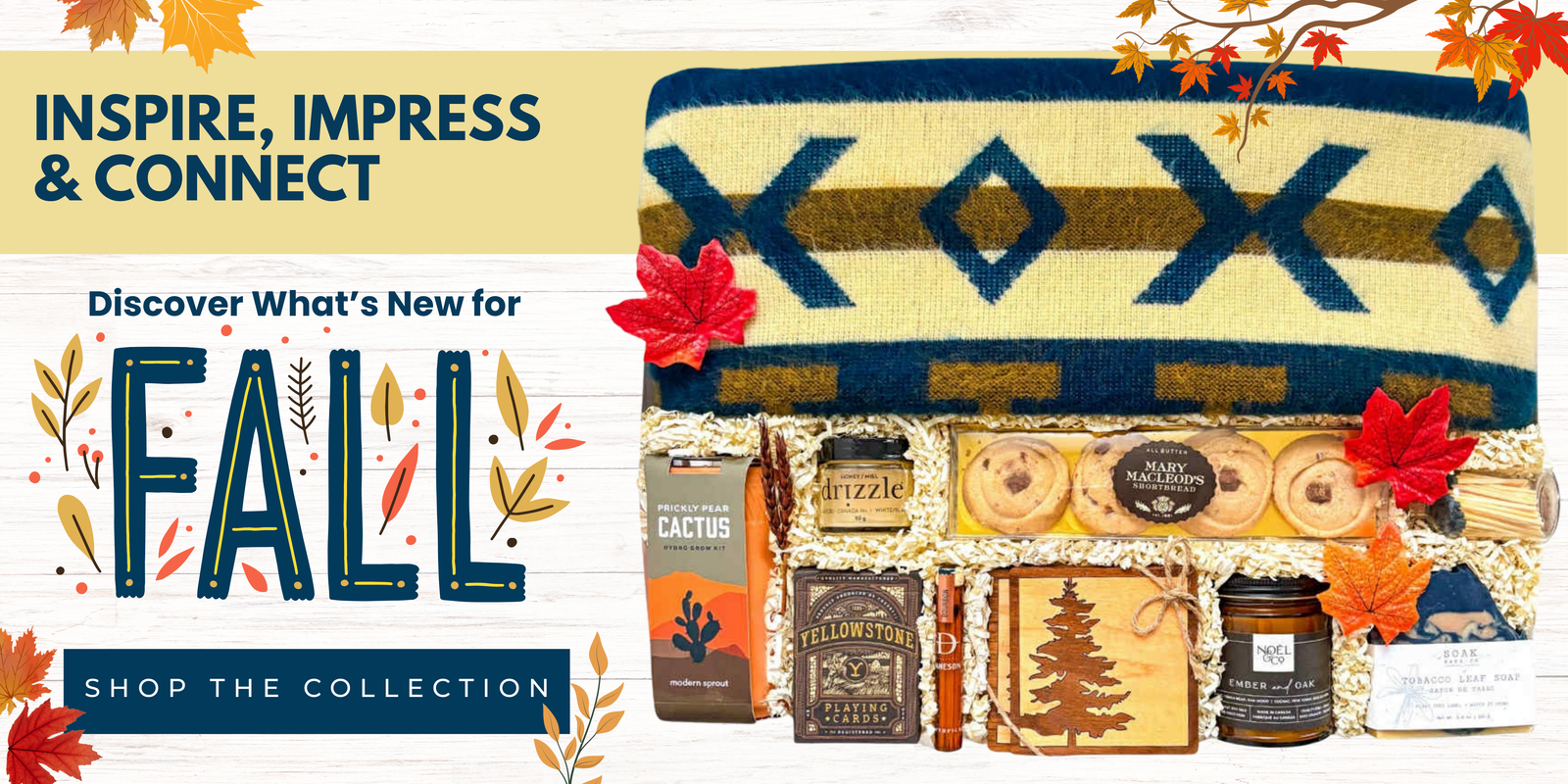 Fall gift collection banner featuring cozy luxury gift box with cozy rustic blanket, seasonal treats, cactus planter, Yellowstone cards, honey, all natural soapbox and other thoughtful keepsakes and local Canadian gift delivery across Canada
