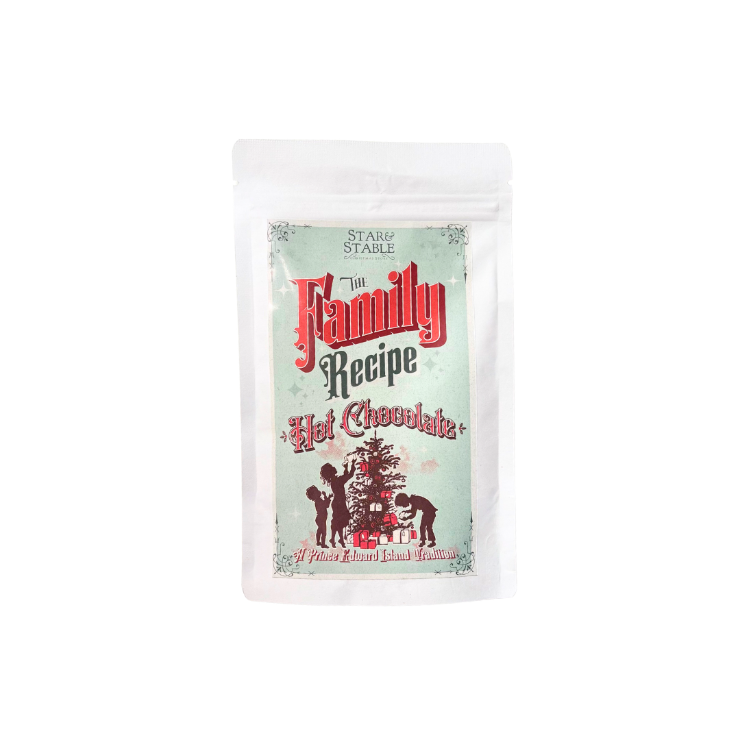 Packet of Holiday themed Family Recipe Hot Chocolate. Made in PEI, Canada.