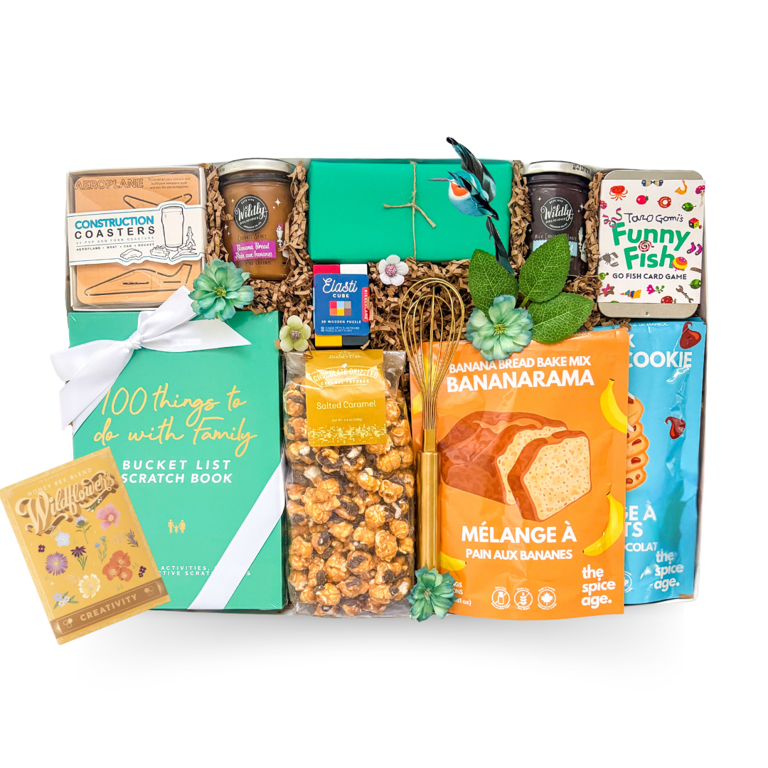 Family gift box with family bucket list book, baking mix, gourmet popcorn, games, preserves, cookies and kitchen accessories in an XL luxury keepsake gift box.

