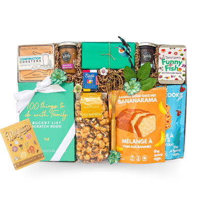 Family gift box with family bucket list book, baking mix, gourmet popcorn, games, preserves, cookies and kitchen accessories in an XL luxury keepsake gift box.
