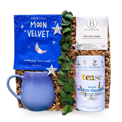 Luxury sleep-themed gift box featuring calming nighttime essentials, designed for rest, relaxation, and unwinding