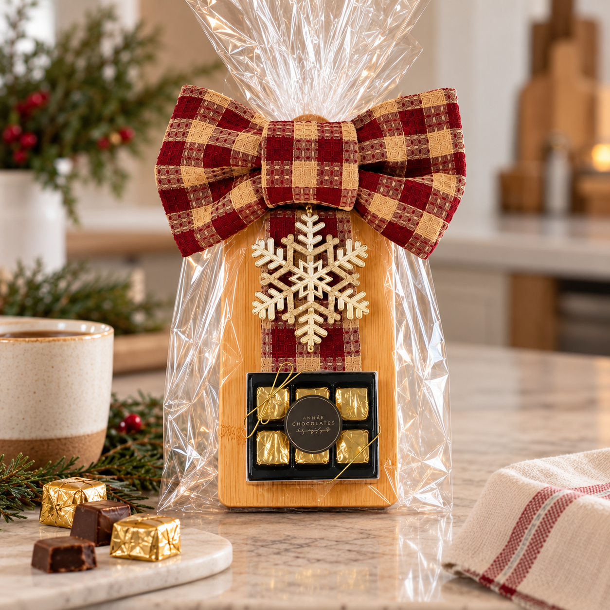 Cozy holiday gift featuring a bamboo cutting board, plaid bow, snowflake ornament and artisan chocolates, wrapped in clear cellophane and styled in a warm kitchen setting.