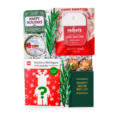 Festive Fun Christmas activity gift box with LEGO holiday puzzle, family activity tin, Naughty or Nice keepsake, chocolates and seasonal treats.