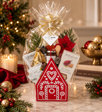 Holiday Graze gourmet Christmas gift basket in a red gingerbread house keepsake with savoury treats, festive greenery and gold ribbon by Black Bow Gift Co.