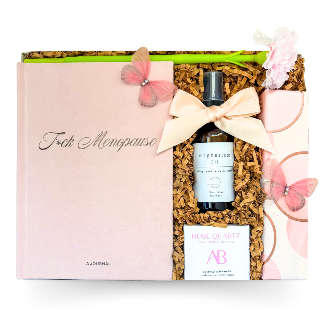 Flourish Gift Box wellness gift with journal, candle and chocolates in a pink and white signature gift box by Black Bow Gift Co.
