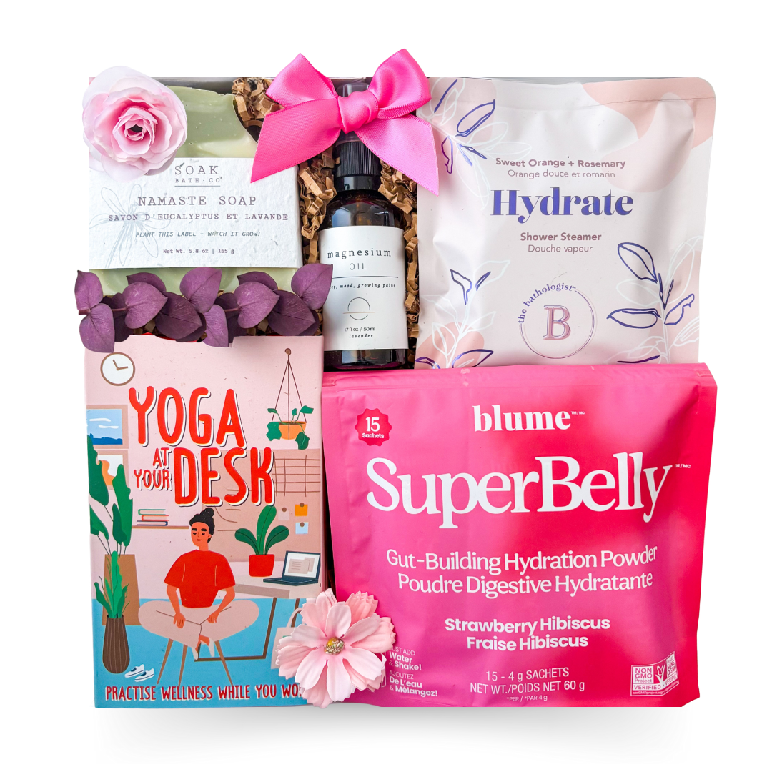 Flow & Restore yoga wellness gift box with desk yoga cards, hydration support and recovery essentials by Black Bow Gift Co.

