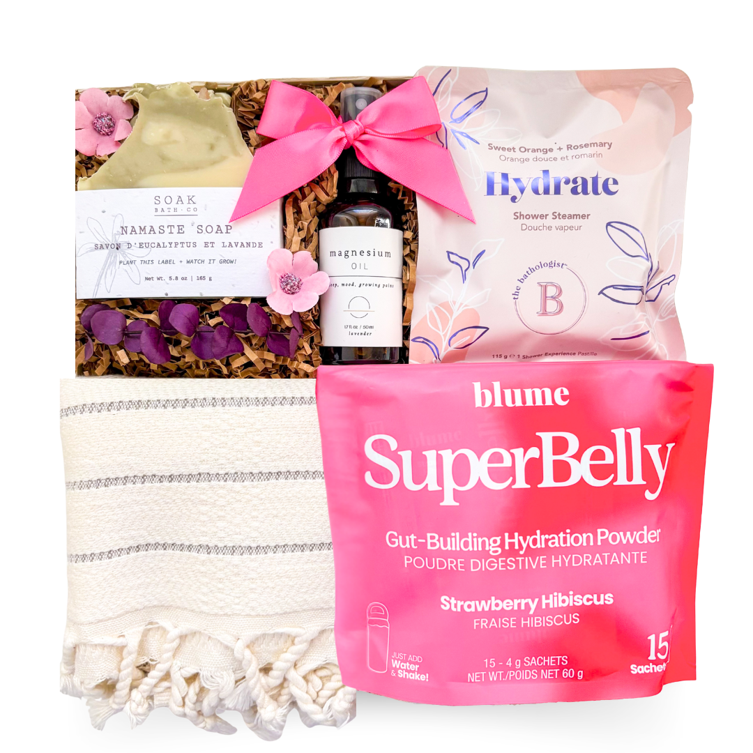 Flow & Restore yoga wellness gift box with desk yoga cards, hydration support and recovery essentials by Black Bow Gift Co.
