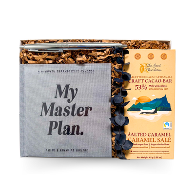 Focus & Fuel productivity gift box with guided planner notebook, silver retro pen and premium sugar-free chocolate bar in signature small box by Black Bow Gift Co.