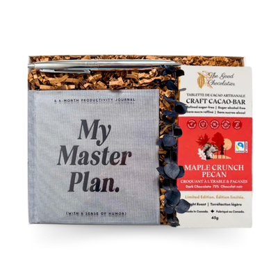 Focus & Fuel productivity gift box with guided planner notebook, silver retro pen and premium sugar-free chocolate bar in signature small box by Black Bow Gift Co.