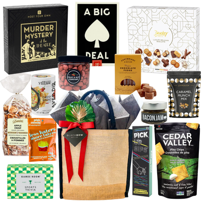 Game Night entertainment gift box featuring gourmet snacks, trivia games, popcorn seasoning, pita chips, caramel snack mix, chocolate fudge, and reusable tote curated by Black Bow Gift Co.