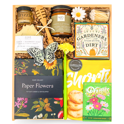 Garden Comforts gardening gift box with seed items, treats and home accents in a wood box by Black Bow Gift Co.