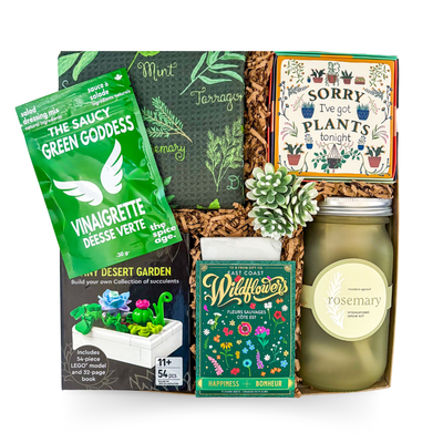 Gardening-themed luxury gift box featuring wildflower seeds, a grow kit, plant-themed keepsakes, herb-inspired accessories, and nature-inspired gifts by Black Bow Gift Co.