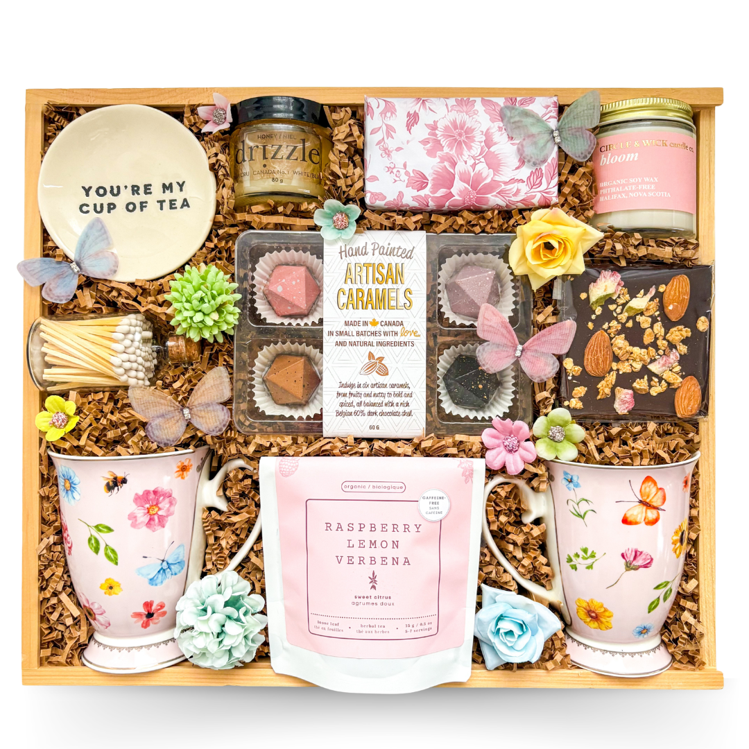 Garden Tea Party tea gift box with floral mugs, candle and artisan treats by Black Bow Gift Co.
